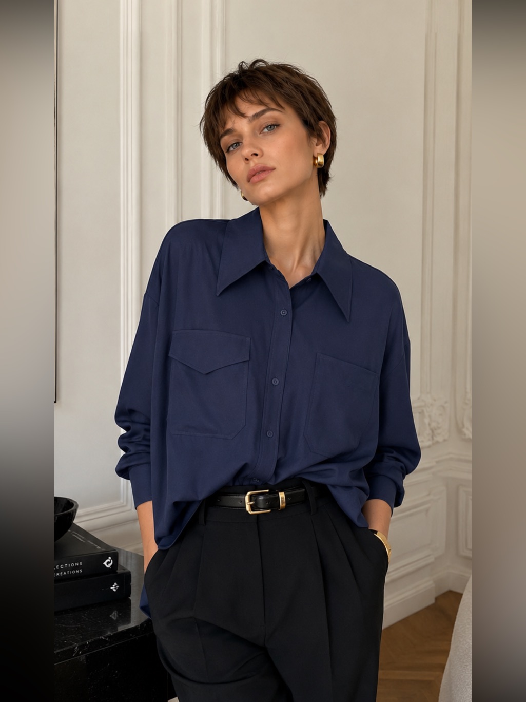 Roucha Luxury Oversized Button-Down Shirt Navy Blue Quiet Luxury